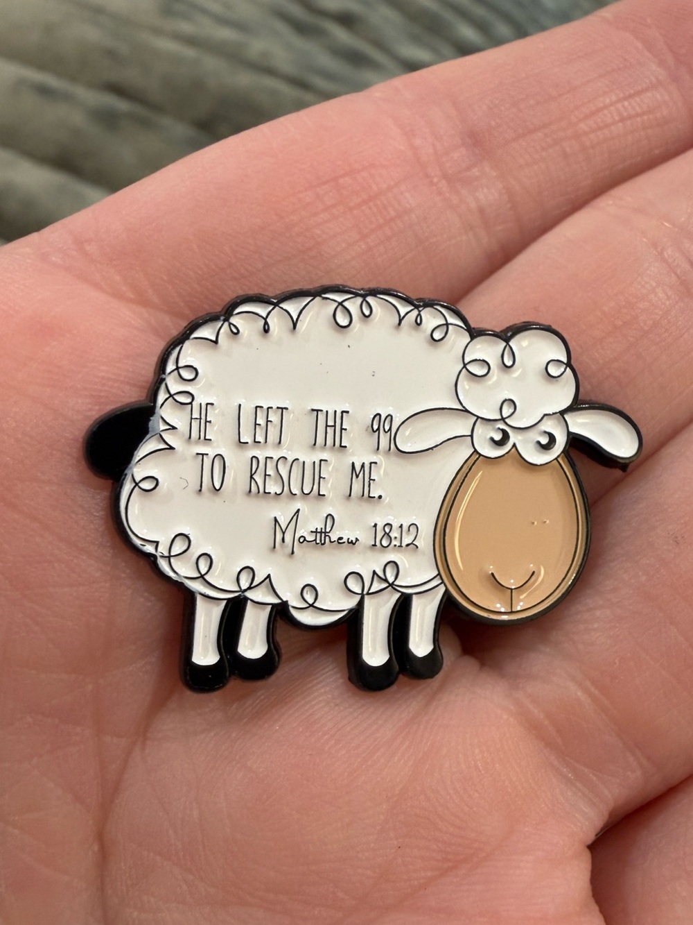 “He Left the 99 to Rescue Me” Enamel Pin - White & Cream Religious Lamb Pin